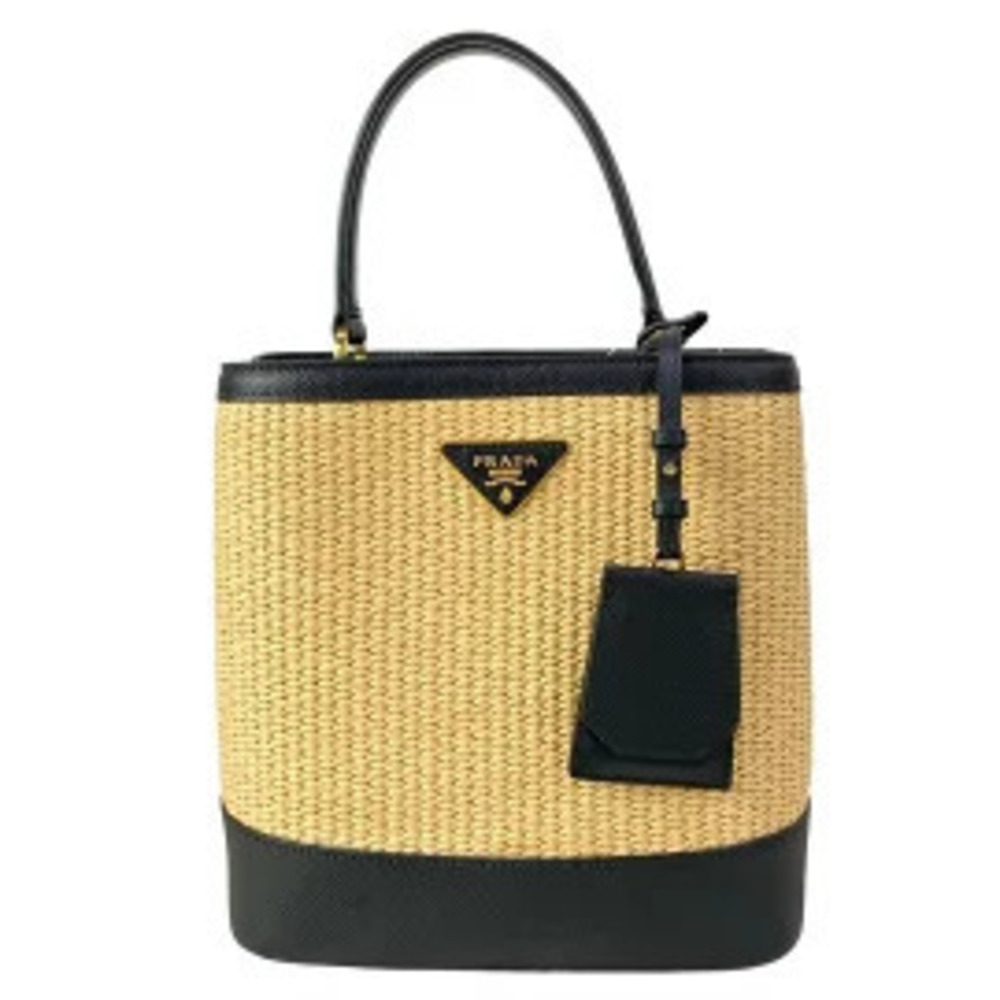 Prada Panier Handbag Black Beige Cream Gold Leather